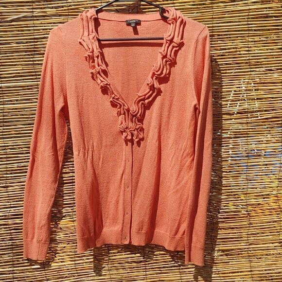 Wool blend Talbots Sweater ruffled neckline with full buttons. Size Small. Light - Picture 2 of 7